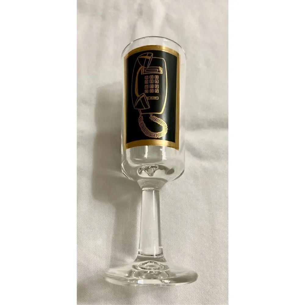 UNIQUE VINTAGE GALAXY TELEPHONE BAR GLASS C1960 Black & Gold Telephone Graphic